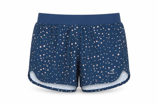Front view of Energetics girls’ blue polka dot athletic running shorts 10 years