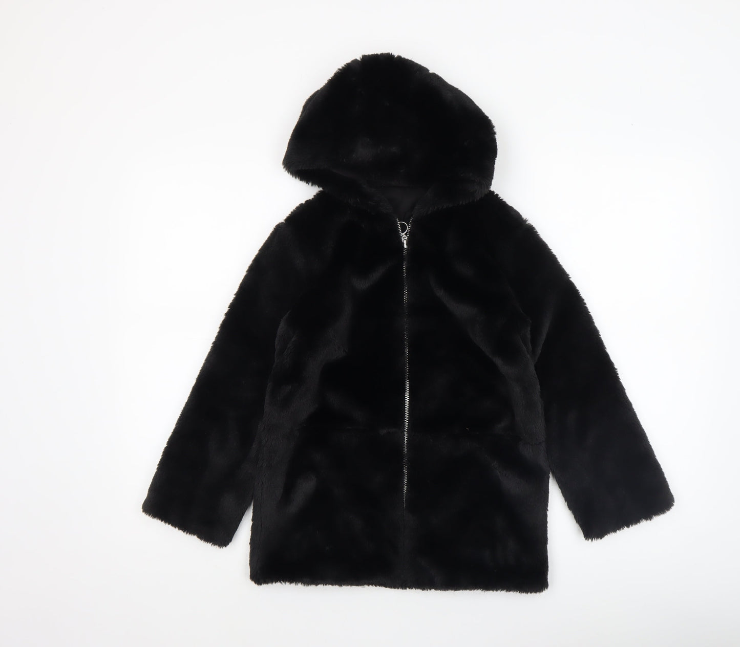 Dunnes Stores Girls Black Faux Fur Hooded Zip Coat 7-8 Years