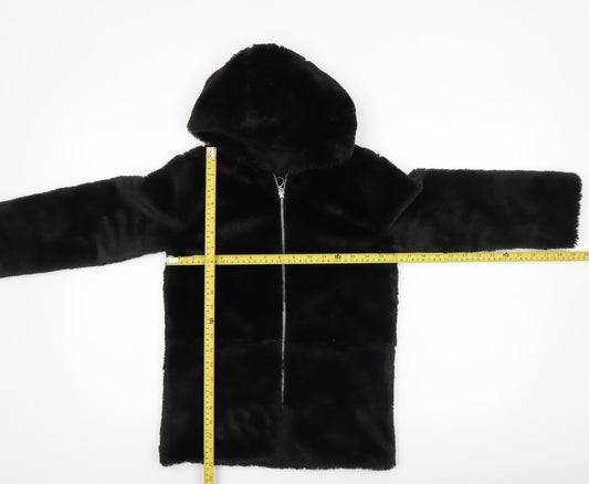 Dunnes Stores Girls Black Faux Fur Hooded Zip Coat 7-8 Years