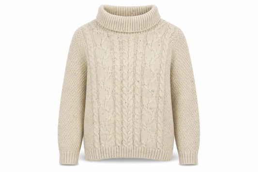 Front view of Country Rose women’s beige roll neck cable knit jumper, size S