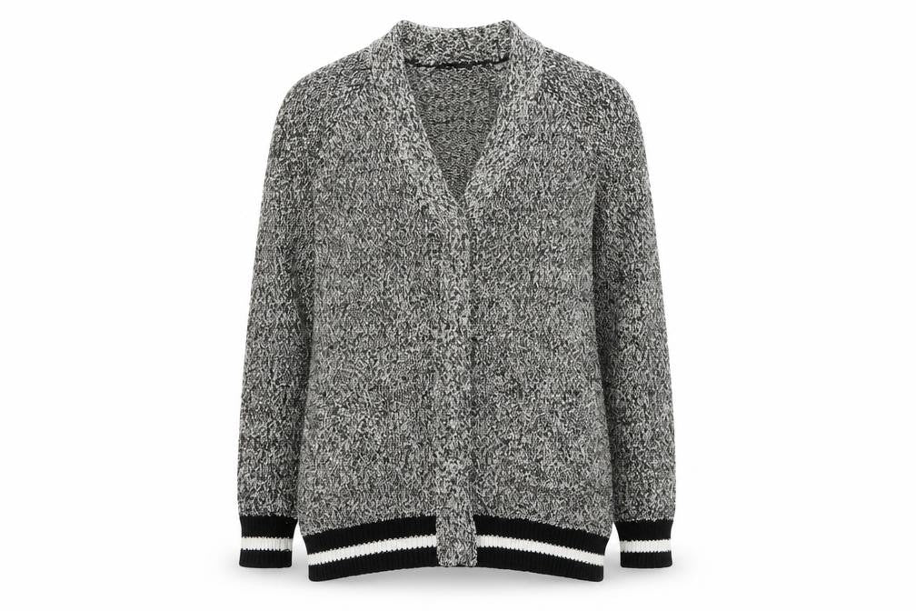 Front view of Oui women’s grey knit open front cardigan, size UK 12