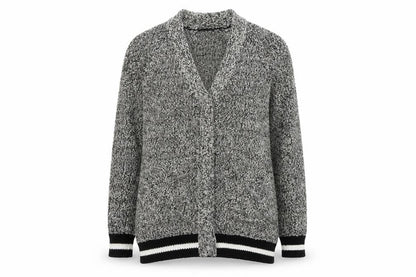 Front view of Oui women’s grey knit open front cardigan, size UK 12