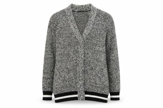 Front view of Oui women’s grey knit open front cardigan, size UK 12