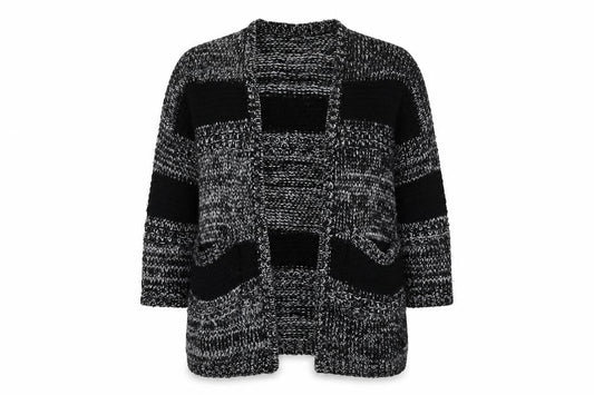 Front view of BDG Women's Black Chunky Knit Striped Open Cardigan, size S