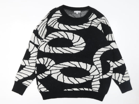 TU Women's Black White Geometric Crew Neck Jumper Size M