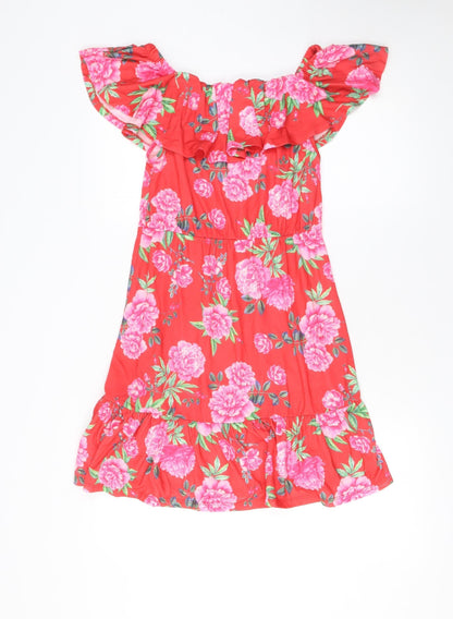 ASOS Women Red Floral Off Shoulder Ruffle Knee Length Dress Size 10