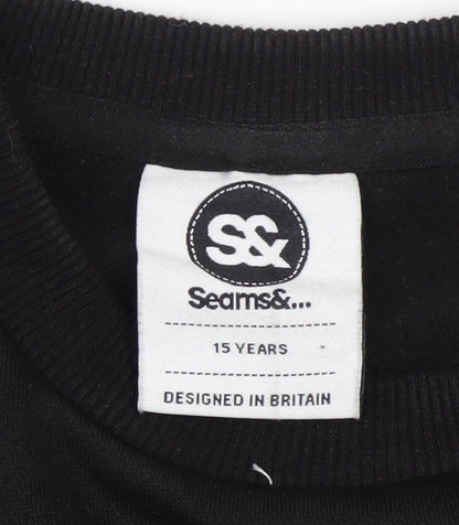 Seams& Boys Black Crew Neck Pullover Sweatshirt 15 Years Zip Detail