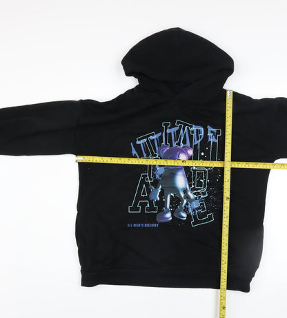 Marks and Spencer Boys Black Pullover Hoodie 13-14 Years Graphic Print Cotton Blend