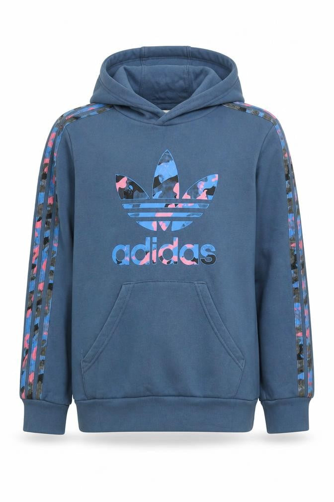 Front view of Adidas girls’ blue pullover hoodie 11-12 years logo graphic cotton blend