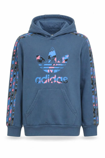 Front view of Adidas girls’ blue pullover hoodie 11-12 years logo graphic cotton blend