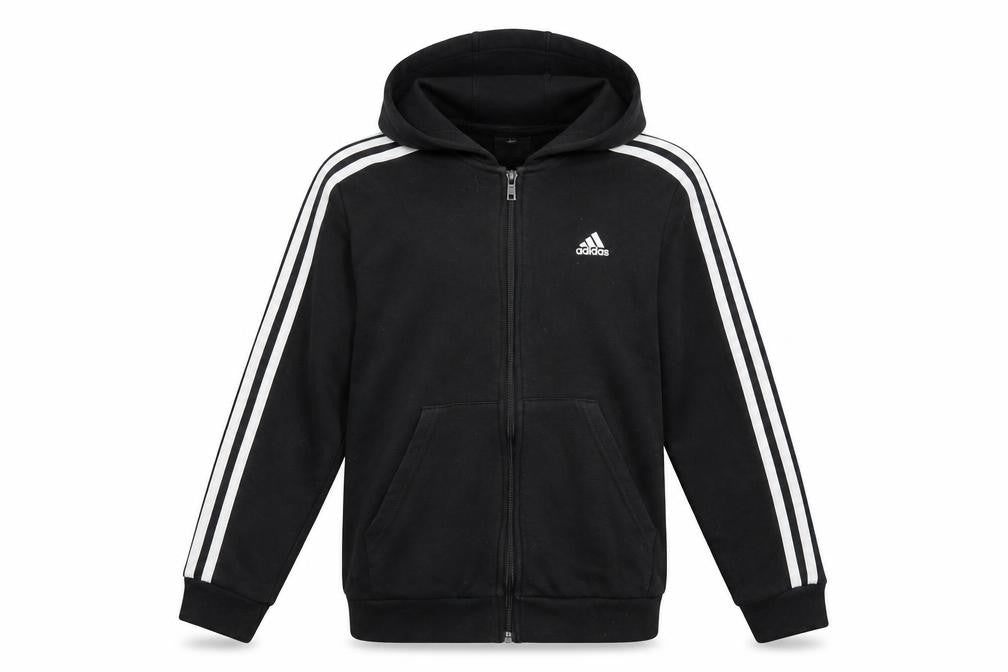 Front view of Adidas boys’ black full zip hoodie 11-12 years cotton blend sportswear