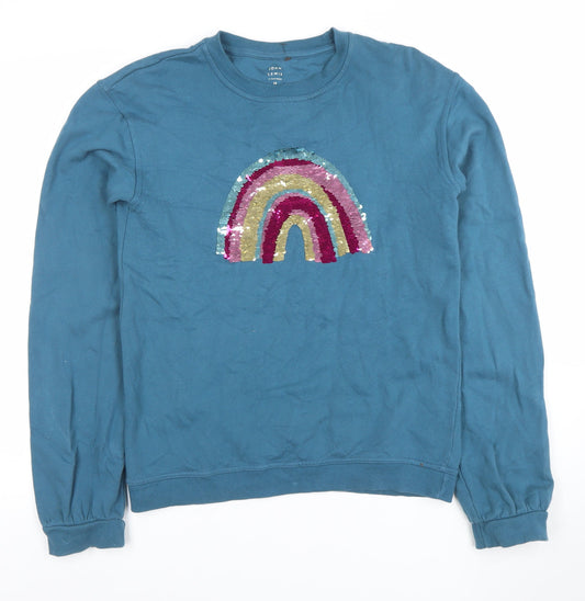 John Lewis Girls Blue Sequin Rainbow Cotton Pullover Sweatshirt Size 14 Years
