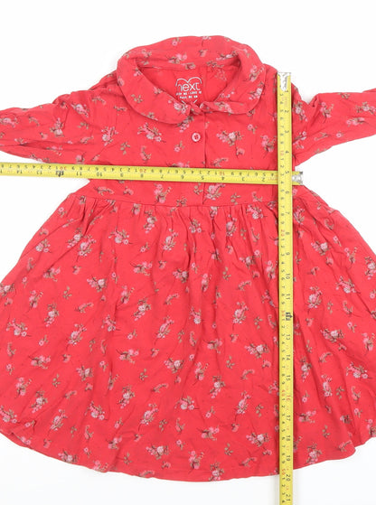 Next Girls Red Floral Cotton Skater Dress 4-5 Years Long Sleeve