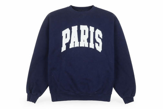 Front view of Stradivarius unisex blue paris graphic pullover sweatshirt, size S
