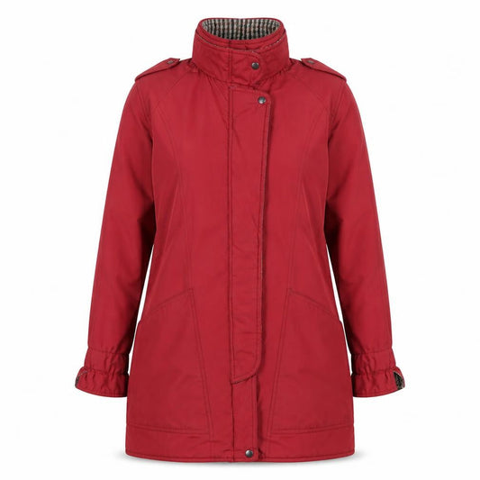 Front view of Nuage women’s red waterproof rain coat, size UK 10, hooded mid-length jacket