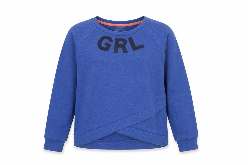 Front view of TEX girls’ blue pullover sweatshirt 11-12 years grl logo crew neck jumper