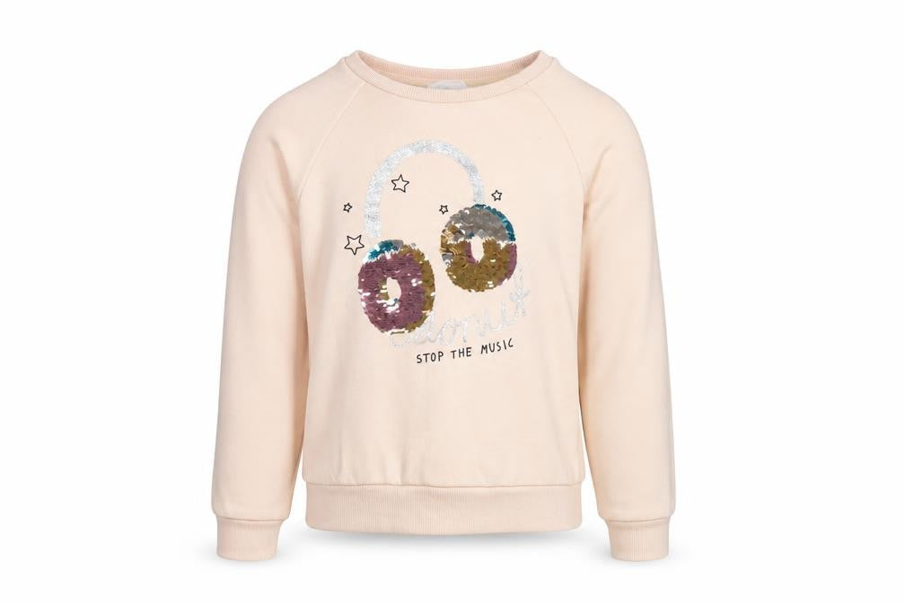 Front view of H&M girls’ beige sequin music graphic pullover sweatshirt 11-12 years
