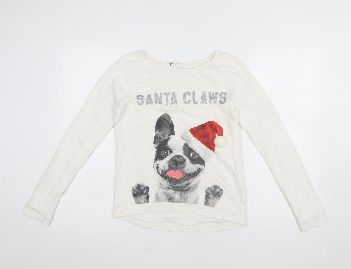 H&M Girls White Santa Claws Dog Christmas Sweatshirt Size 14 Years
