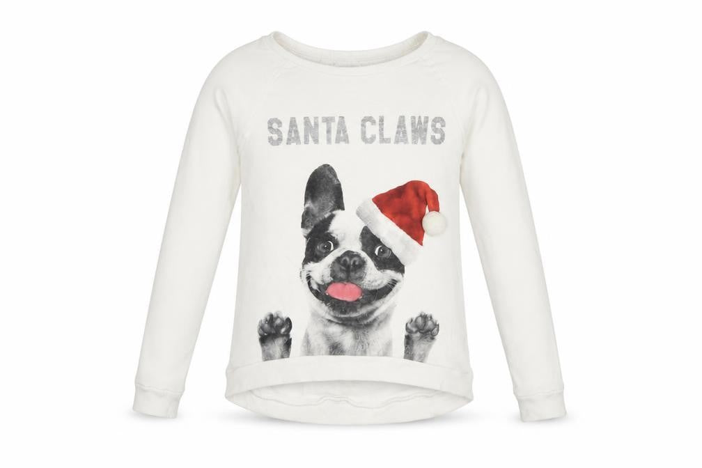 Front view of H&M girls’ white santa claws dog christmas sweatshirt, size 14, years