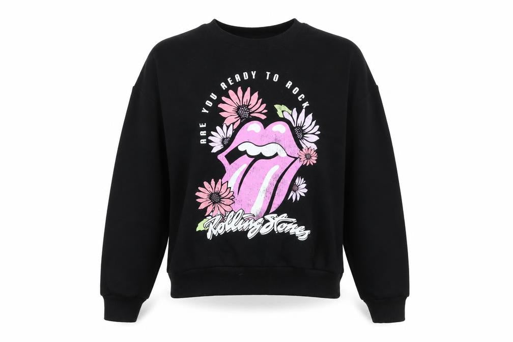 Front view of The Rolling Stones girls’ black pullover sweatshirt 10-11 years graphic rock band