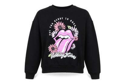 Front view of The Rolling Stones girls’ black pullover sweatshirt 10-11 years graphic rock band