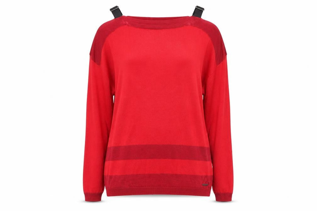 Front view of Guess Women's Red Boat Neck Long Sleeve jumper, size 6