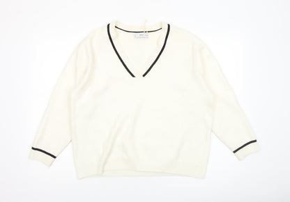 MNG Women's Ivory V-Neck Knit Jumper Size S Classic Style