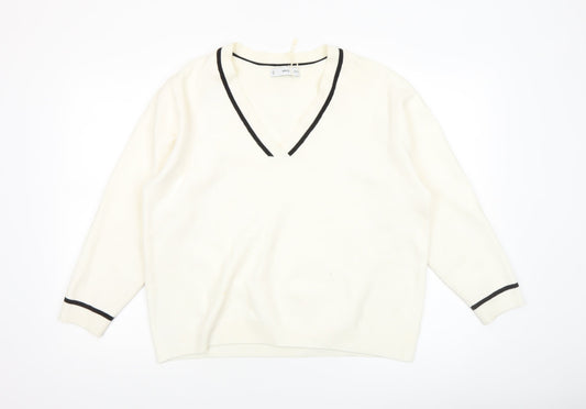 MNG Women's Ivory V-Neck Knit Jumper Size S Classic Style