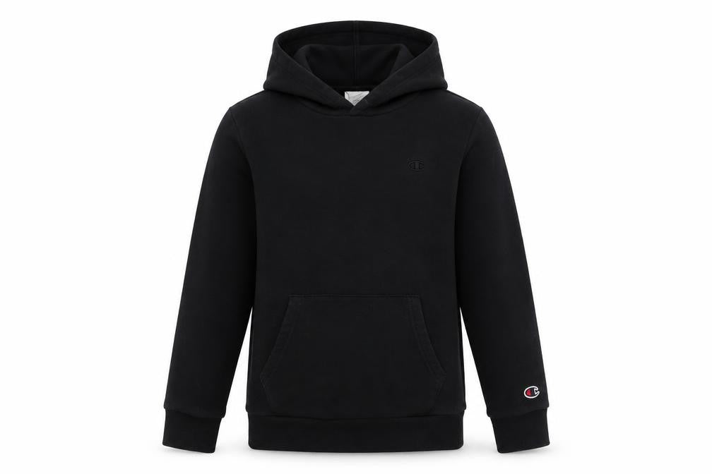 Front view of Champion boys’ black hoodie, size 11-12, years pullover cotton blend sweatshirt