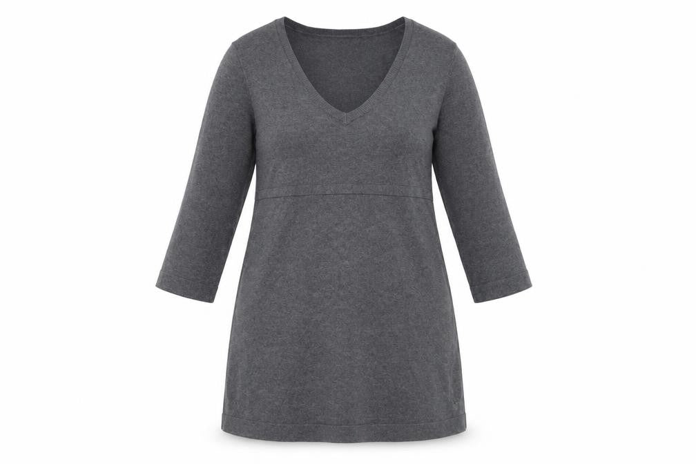 Front view of Crew Clothing Women’s Grey Knit V-Neck Belted Sweater Dress, size UK 12