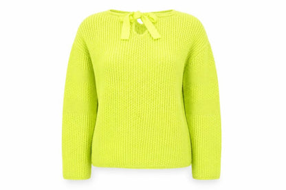 Front view of Oui women’s green chunky knit bow back jumper, size UK 14