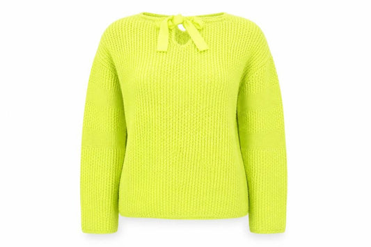 Front view of Oui women’s green chunky knit bow back jumper, size UK 14