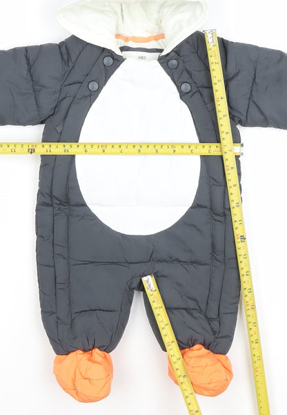 Marks and Spencer Unisex Baby Black Penguin Puffer Snowsuit 0-3 Months Winter Hooded
