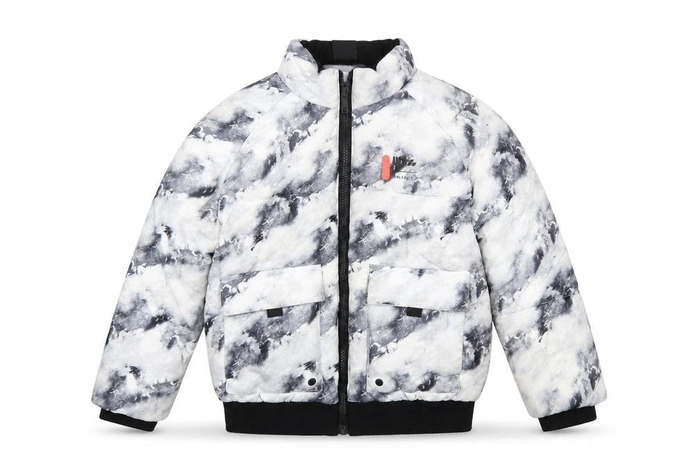 Front view of River Island boys’ black & white tie dye puffer jacket 7-8 years winter coat