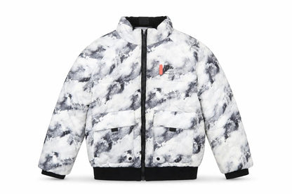 Front view of River Island boys’ black & white tie dye puffer jacket 7-8 years winter coat