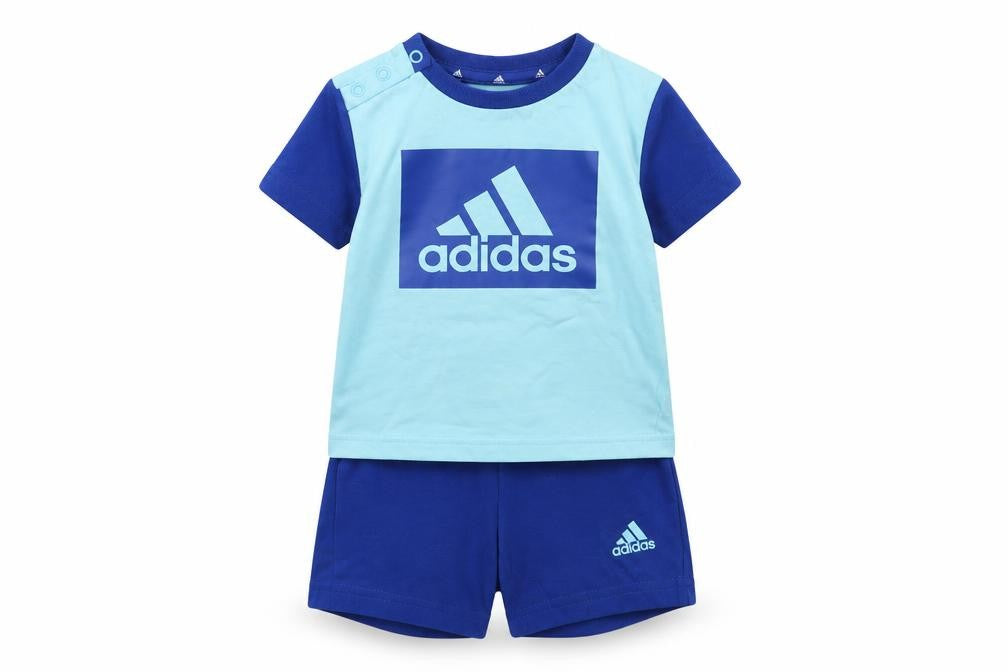 Front view of Adidas unisex baby blue 6-9m cotton sports shorts set