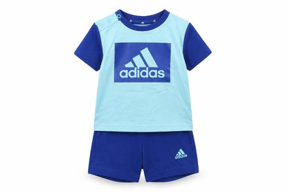 Front view of Adidas unisex baby blue 6-9m cotton sports shorts set