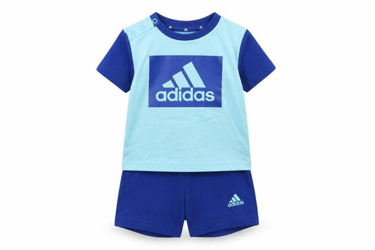 Front view of Adidas unisex baby blue 6-9m cotton sports shorts set