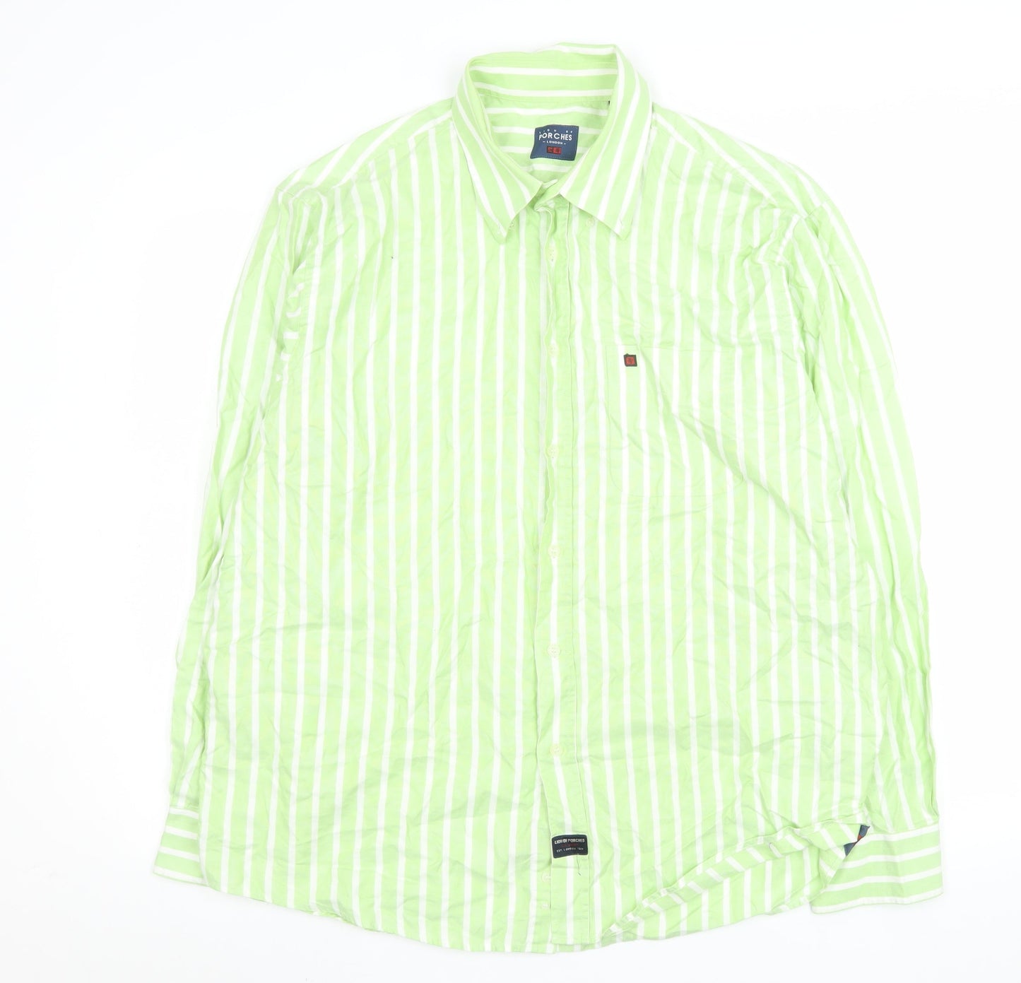 Lion of Porches Men’s Green Striped Cotton Long Sleeve Shirt XL