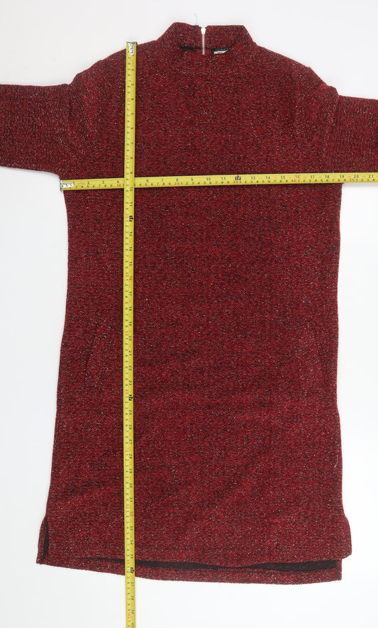 Paco Boutique Womens Red Knit Shift Dress Size 10 Long Sleeve Zip Back
