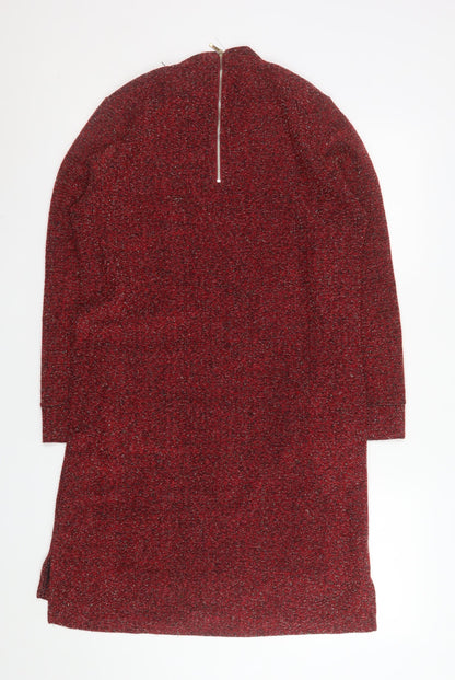 Paco Boutique Womens Red Knit Shift Dress Size 10 Long Sleeve Zip Back