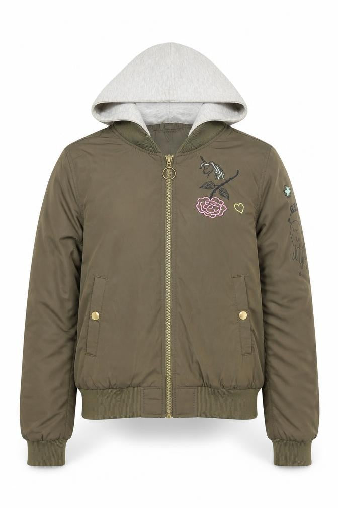 Front view of H&M girls’ green hooded bomber jacket 11-12 years unicorn embroidered