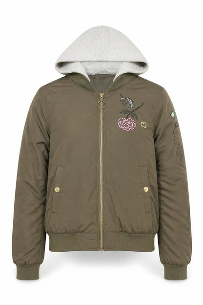 Front view of H&M girls’ green hooded bomber jacket 11-12 years unicorn embroidered