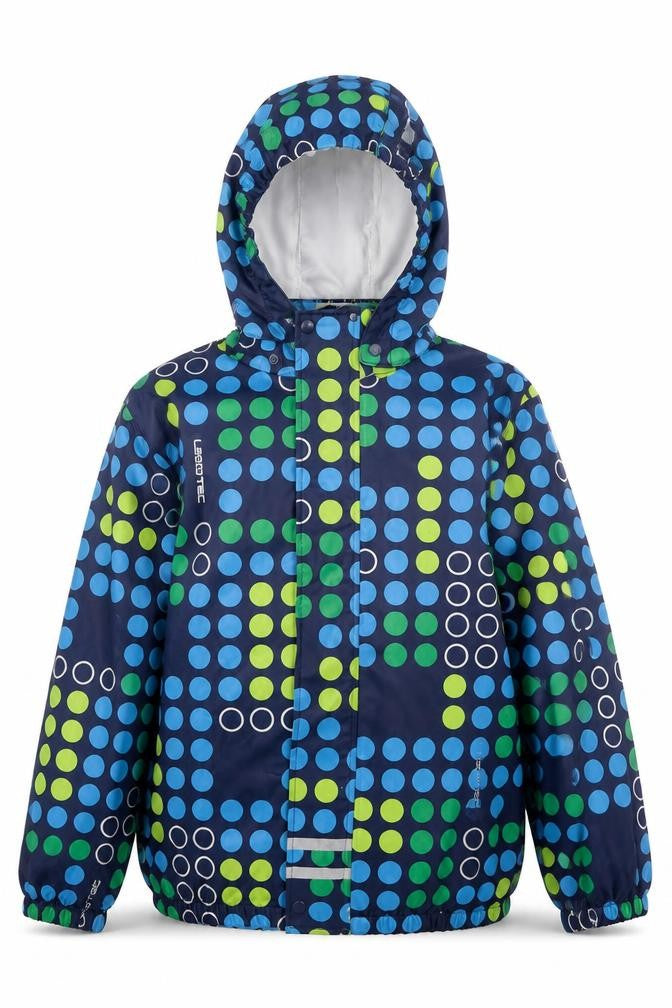 Front view of LEGO boys’ blue polka dot waterproof hooded rain coat 9 years