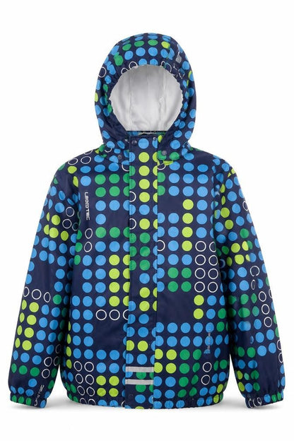 Front view of LEGO boys’ blue polka dot waterproof hooded rain coat 9 years