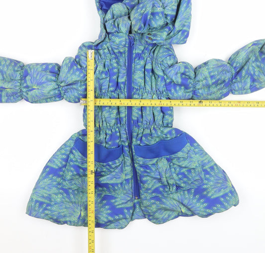 Mim-Pi Girls Blue Peacock Print Puffer Coat 7 Years Hooded Lined Zip