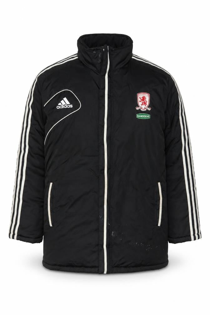 Front view of Adidas men’s black insulated puffer jacket, size M, football style