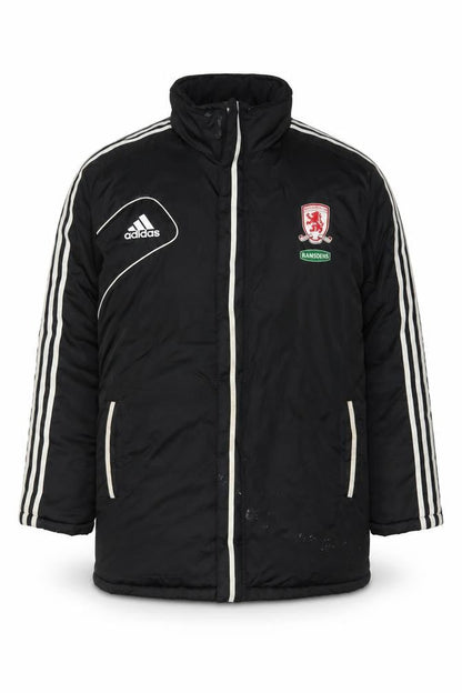 Front view of Adidas men’s black insulated puffer jacket, size M, football style