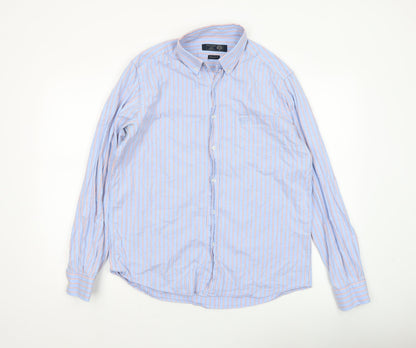 Paul Costelloe Living Men's Blue Striped Cotton Long Sleeve Button-Up Shirt Medium