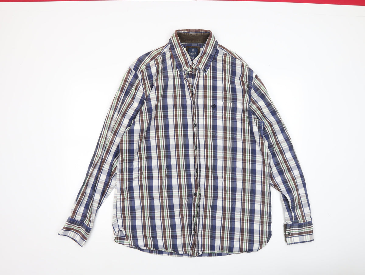 Bugatti Men's Multicoloured Checked Button-Down Long Sleeve Cotton Shirt L